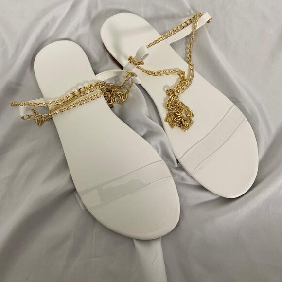 Greek Goddess White Clear Open Toe Gold Chain Lace Up Sandals US 12 / 12.5 - Picture 3 of 6